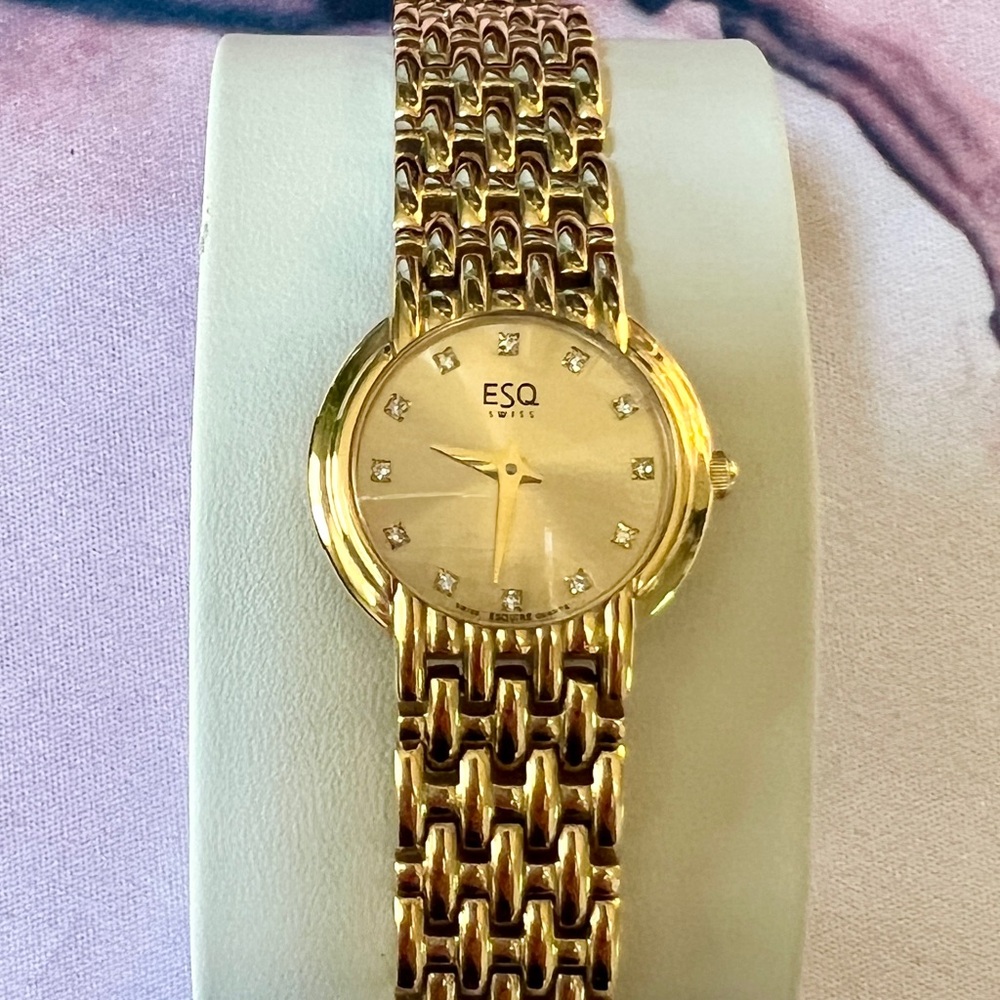 Gold Vintage ESQ Panther-Link Bracelet Watch with Diamond Accents